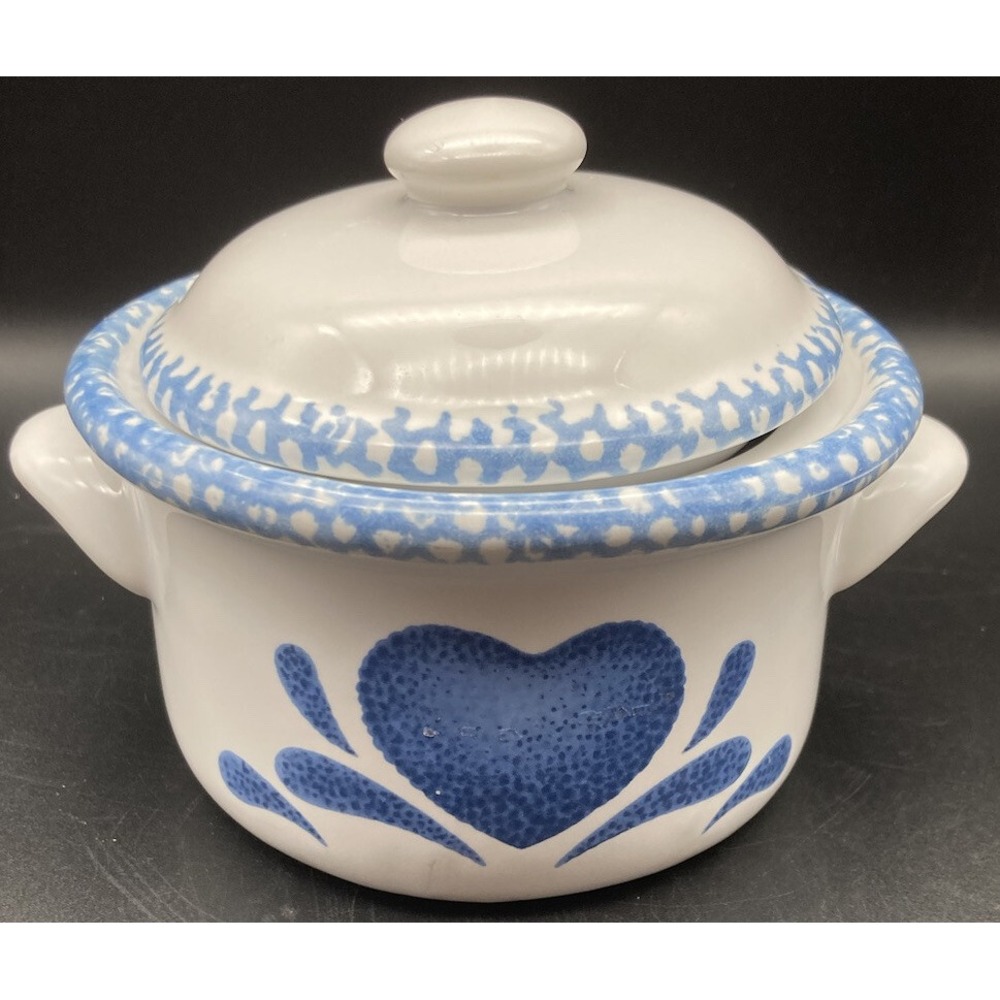 Corning Blue Hearts Spongeware Stoneware Sugar Bowl With Lid Blue/White